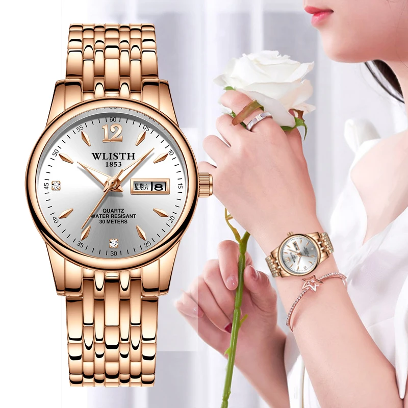 

New Women's Watches Stainless Steel Strap Double Calendar with Week Women Watch Luminous Waterproof Fashion Ladies Watches Clock