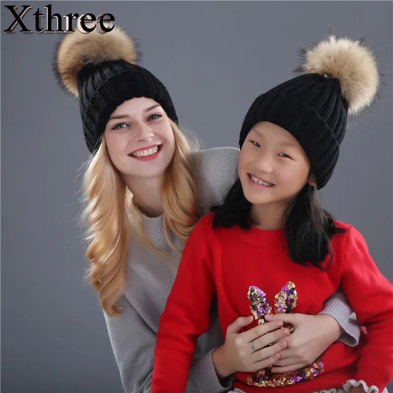 

Xthree real mink fur pom poms knitted hat ball beanies winter hat for women girl 's hat Skullies brand new thick female cap