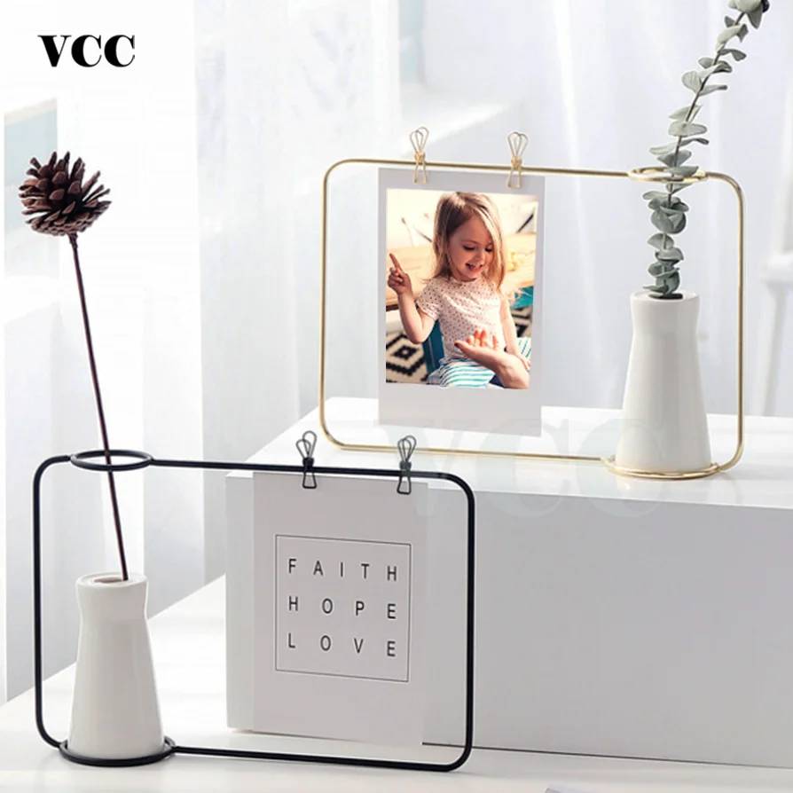 

Nordic Wrought Iron Bracket Photo Frame Creative Flower Vase Golden Black Decoration Picture Frame Tabletop Decor