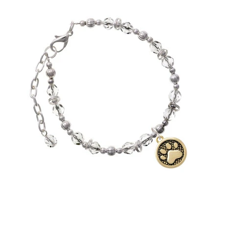 Goldtone Paw in Circle Clear Beaded Bracelet