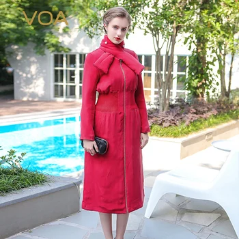 

VOA 2020 Winter Women Silk Warm Heavy Coat Red Slim Long Overcoat Fashion Ladies Pillow Collar Plus Size Parka Inverno M6299