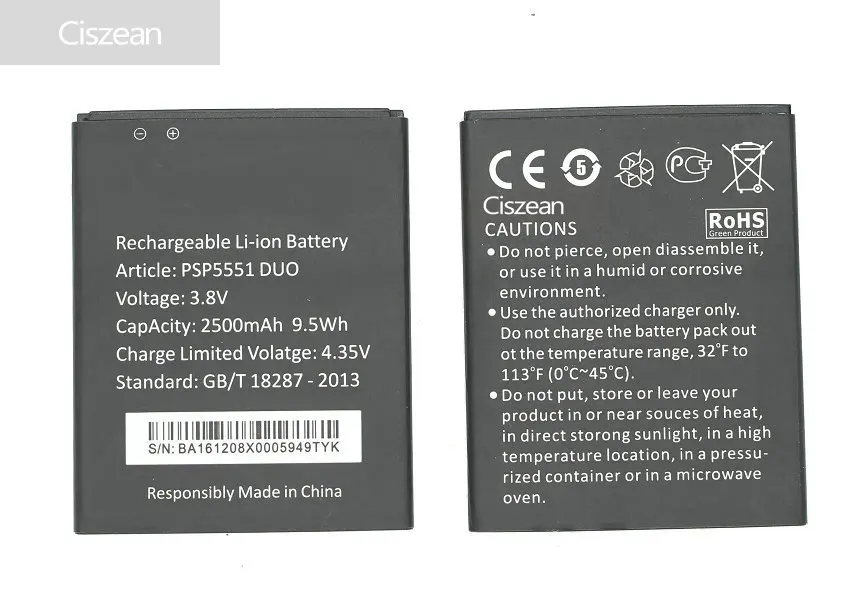 

Ciszean 1pcs PSP5551 DUO 2500mAh Smart Mobile Phone Replacement Battery For Prestigio Grace S5 LTE PSP 5551 DUO Free Shipping