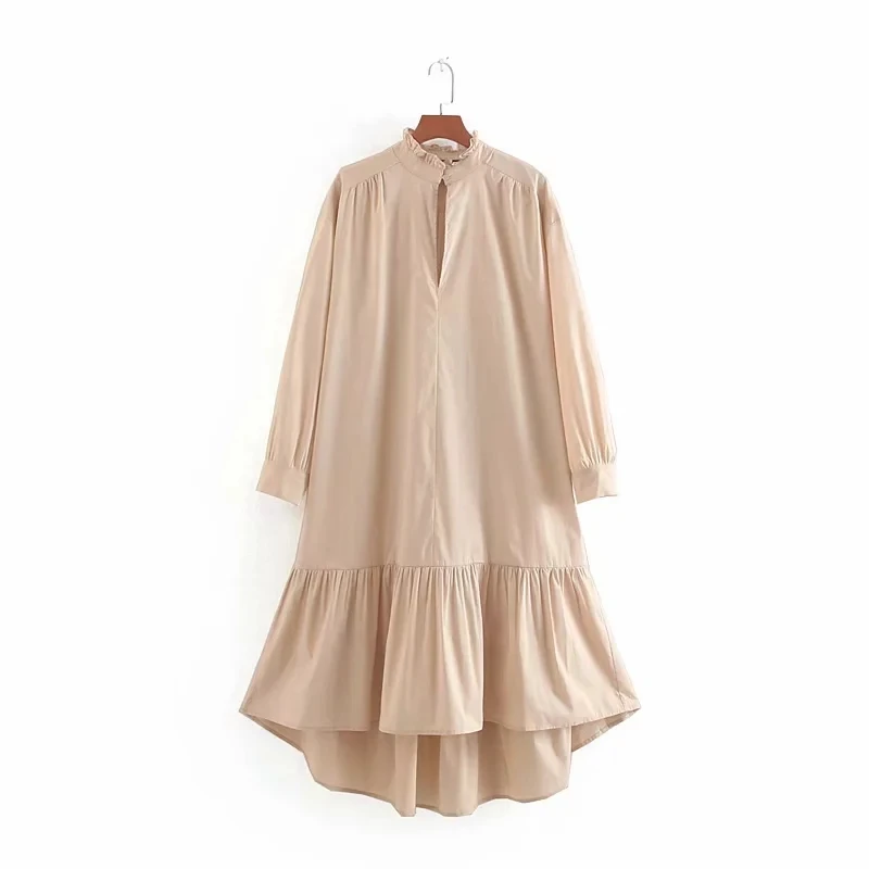 

Solid Women Stand Collar Midi Dress Leisure Female Nine Quarter Sleeve Dresses Autumn Fashion Lady Loose Streetwear D3191