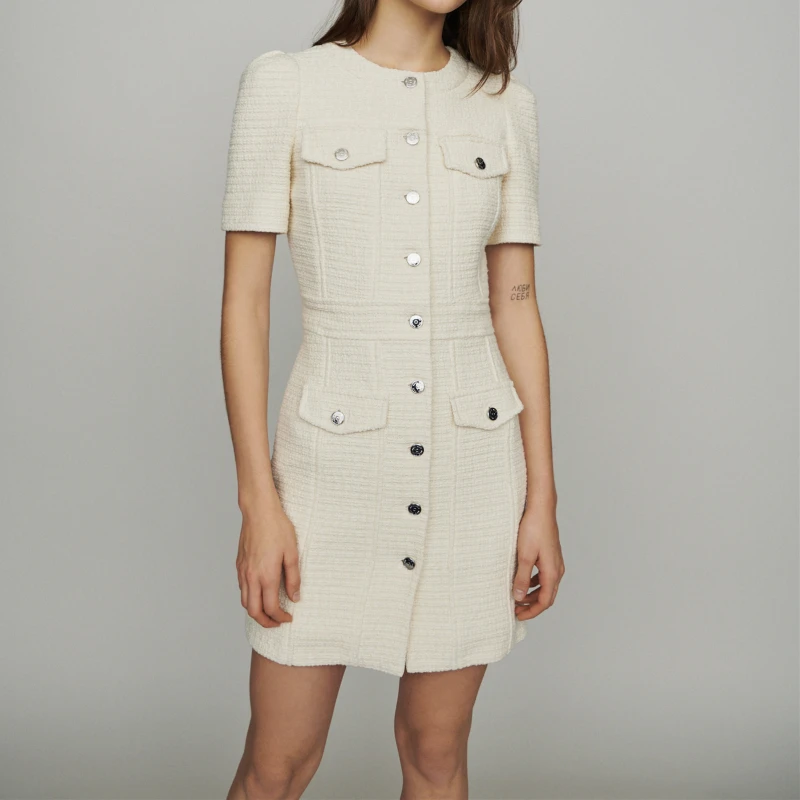

2019 New Women Mini Dress Tweed Single-breasted Slim Dress