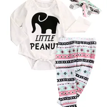 С длинными рукавами; детская одежда для новорожденных девочек Слон-комбинезон, боди, штаны с принтом, а также повязка на голову для маленьких девочек, комплект из 3 предметов для детей от 0 до 18 месяцев