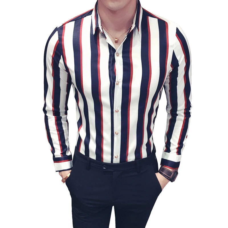 korean striped shirt men navy black red stripe shirt men long sleeve ...