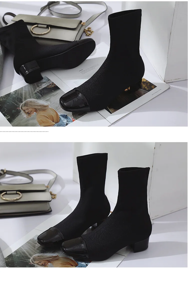 NEW Fashion Female mid calf Sock Boot Chunky Mid Heel Stretch Knit Bootie Elastic Square Toe Sexy Lady Shoe Women Brown Footwear