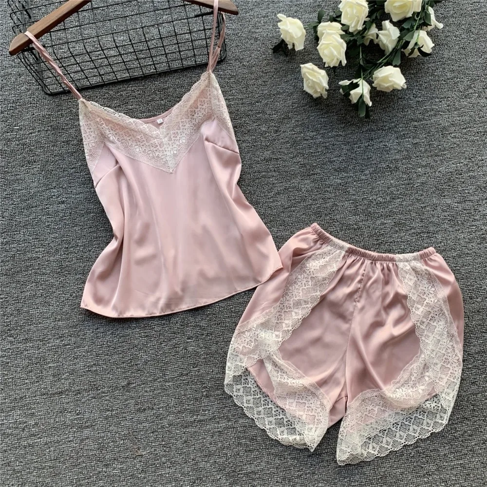 Freshing Summer Lace Sexy Women Shorts Pajamas Breathable Spaghetti Strap V-Neck Female Pajama Set