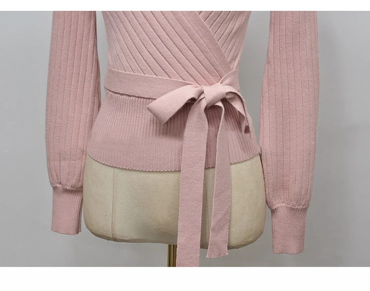 Элегантный розовый женский свитер с v-образным вырезом и рукавом-фонариком на шнуровке весна осень черный кардиган из органической кожи вязаный джемпер женские топы