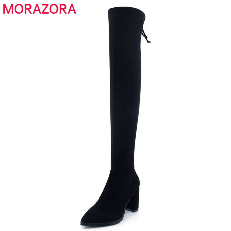 

MORAZORA 2020 new fashion shoes woman cow suede leather thigh high boots lace up pearl sexy autumn high heels boots woman