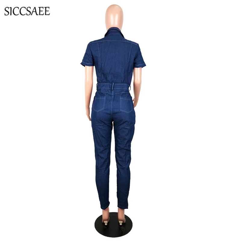 Turn Down Collar Denim Rompers Womens Jumpsuit Long Pants Bodycon Bandage Overalls Short Sleeve Button Front Sexy Mono Mujer Turn Down Collar Denim Rompers Womens Jumpsuit Long Pants Bodycon Bandage Overalls Short Sleeve Button Front Sexy Mono Mujer