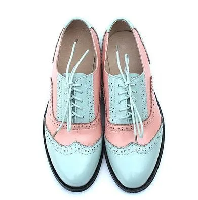 blue pink Винтажные женские туфли-оксфорды в британском стиле; Коллекция года; туфли на плоской подошве из натуральной кожи; женские черные лакированные туфли ручной работы; американский размер 13 - Цвет: blue pink