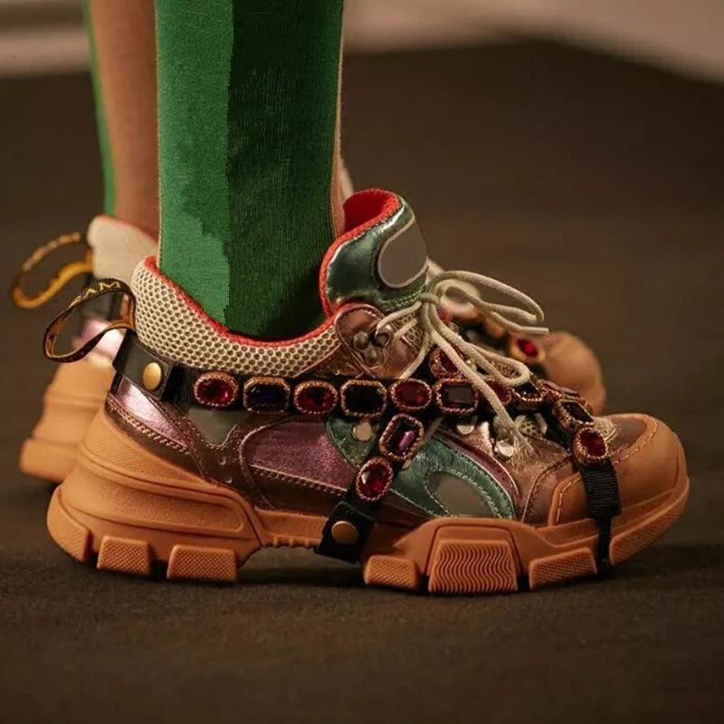 Роскошные мужские кроссовки с украшением в виде кристаллов; брендовые разноцветные Сникеры на платформе ручной работы; женская кожаная обувь на шнуровке