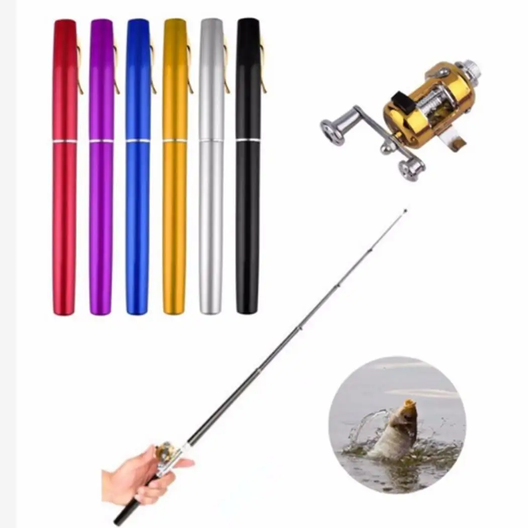 

Portable Pocket Telescopic Mini Fishing Pole Pen Shape Folded Fishing Rods With Reel Wheel New Purple Blue Black Red Gold Silver