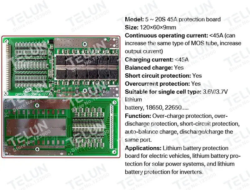 5s 6S 7S 8~ 20S серия 45A BMS Солнечный литиевый аккумулятор Защитная плата 3,6 В 3,7 в аккумулятор увеличение MOS выходной ток трубки 90A