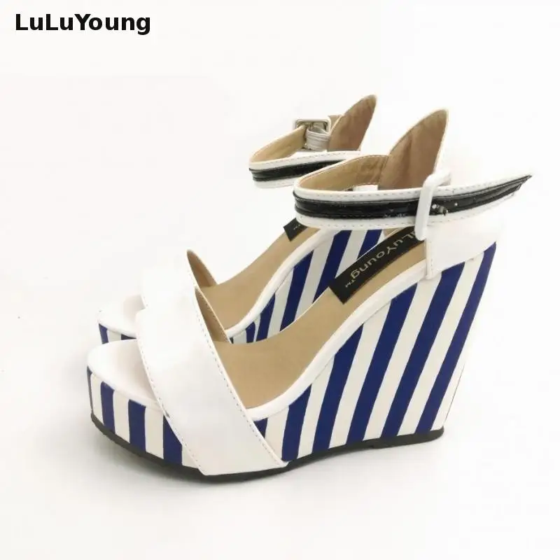 

Women High Heel Sandal 2018 New Summer Wedges Shoes Platform Striped Sandal 30 31 32 33 41 42 43