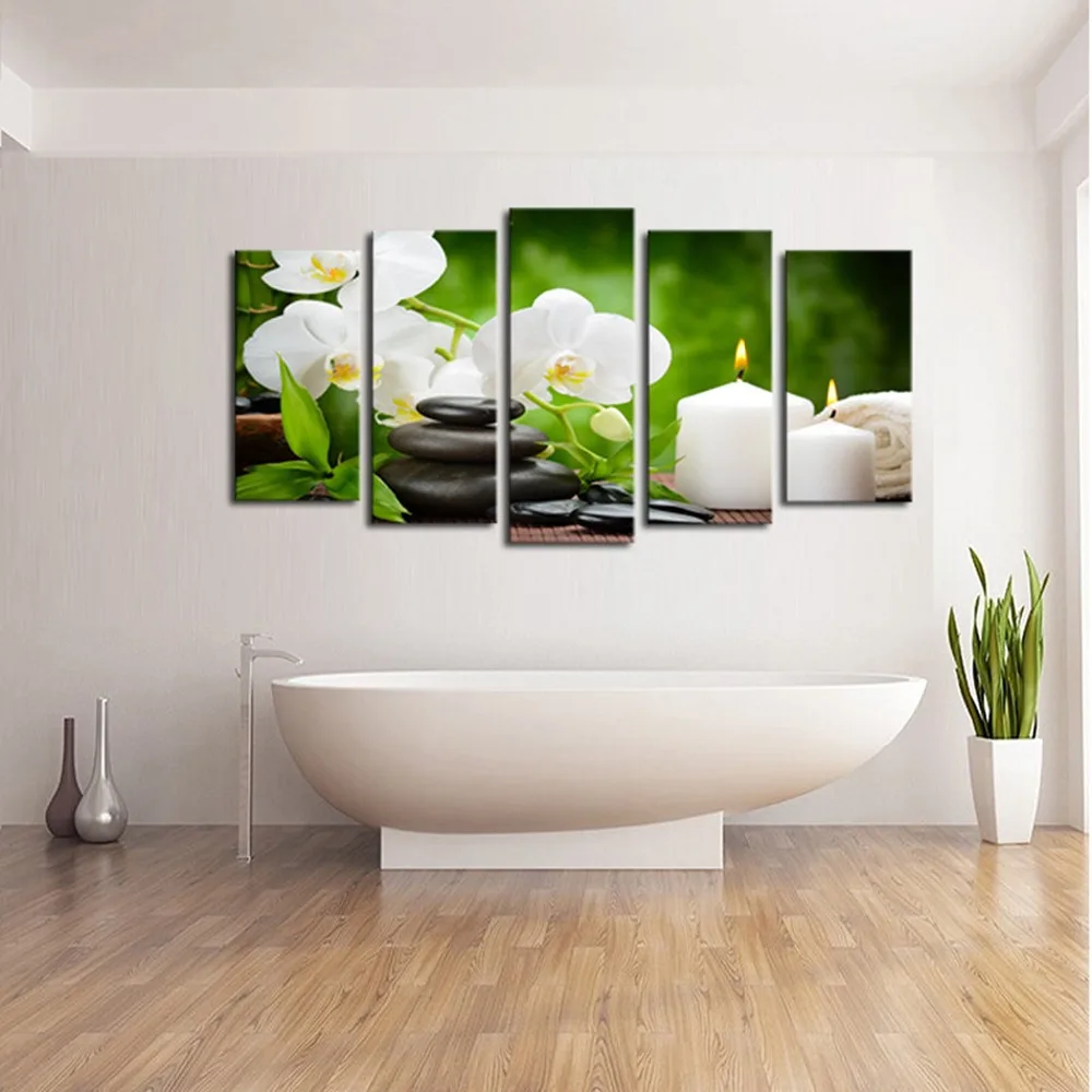 5 панелей холст стены искусства цветы фаленопсиса черный камень и белые свечи