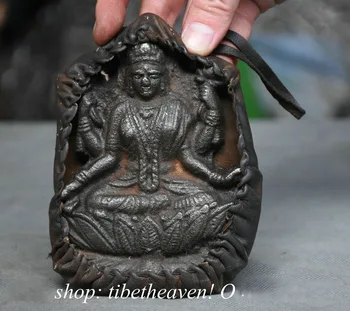 

christmas 5.2" Old India Meteorite Leather Buddhism 4 arms Chenrezig Buddha Pendant Amulet halloween