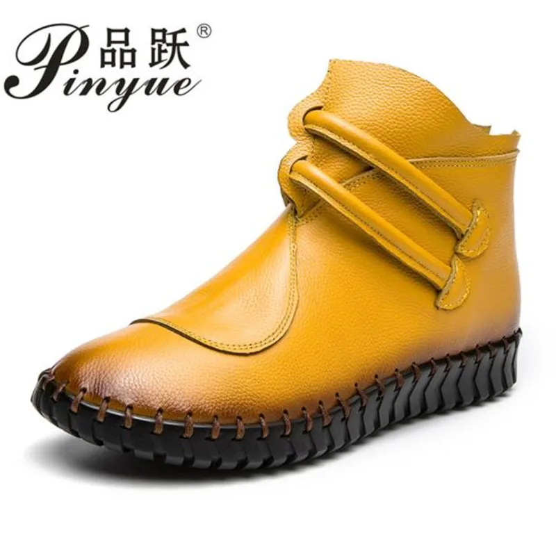 

2018 Winter Ankle Booties Women Shoes Flat Heel Full Grain Leather Zip Plush Snow Boots Ladies Strap Black Large Size 35-43