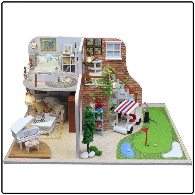 

Wood Dollhouse Furniture Kit Miniature Golf Course Craft Model DIY Doll House LED Lights Handmade Birthday Christmas Gift