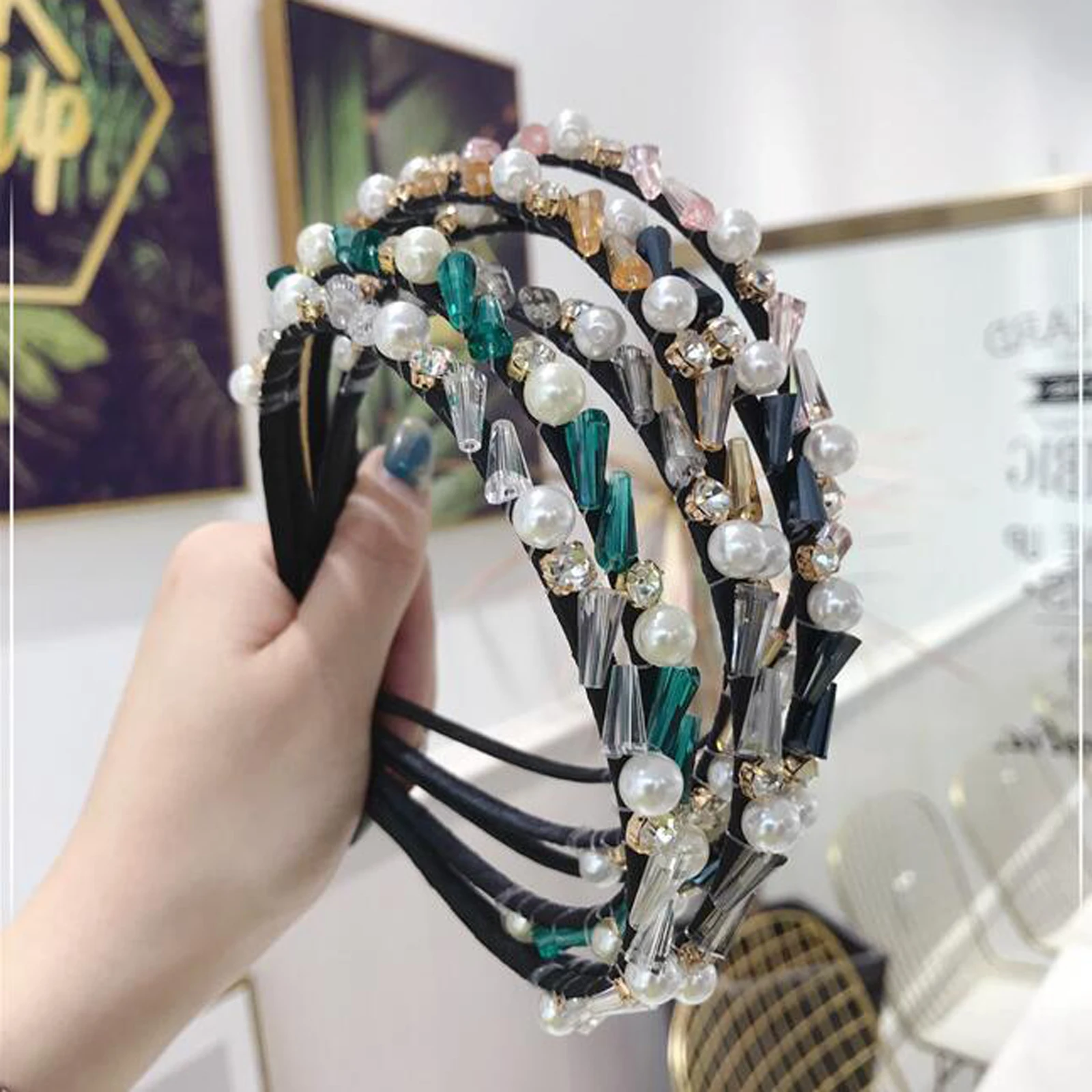 Fashion Fresh Style Hairband Women Summer Hair Accessories Girls Pearls Shiny Rhinestone Headdress Adult All-match Clothing