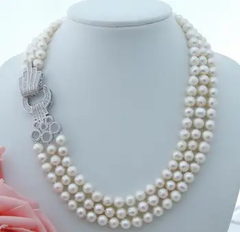 

3row CZ Clasp natural White 9-10mm round freshwater Pearl Necklace