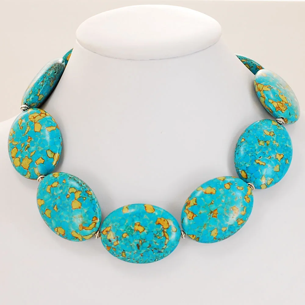 

Large Flower Turquoise Beads Huge Silver Toggle Clasp Necklace 18" (A0325)