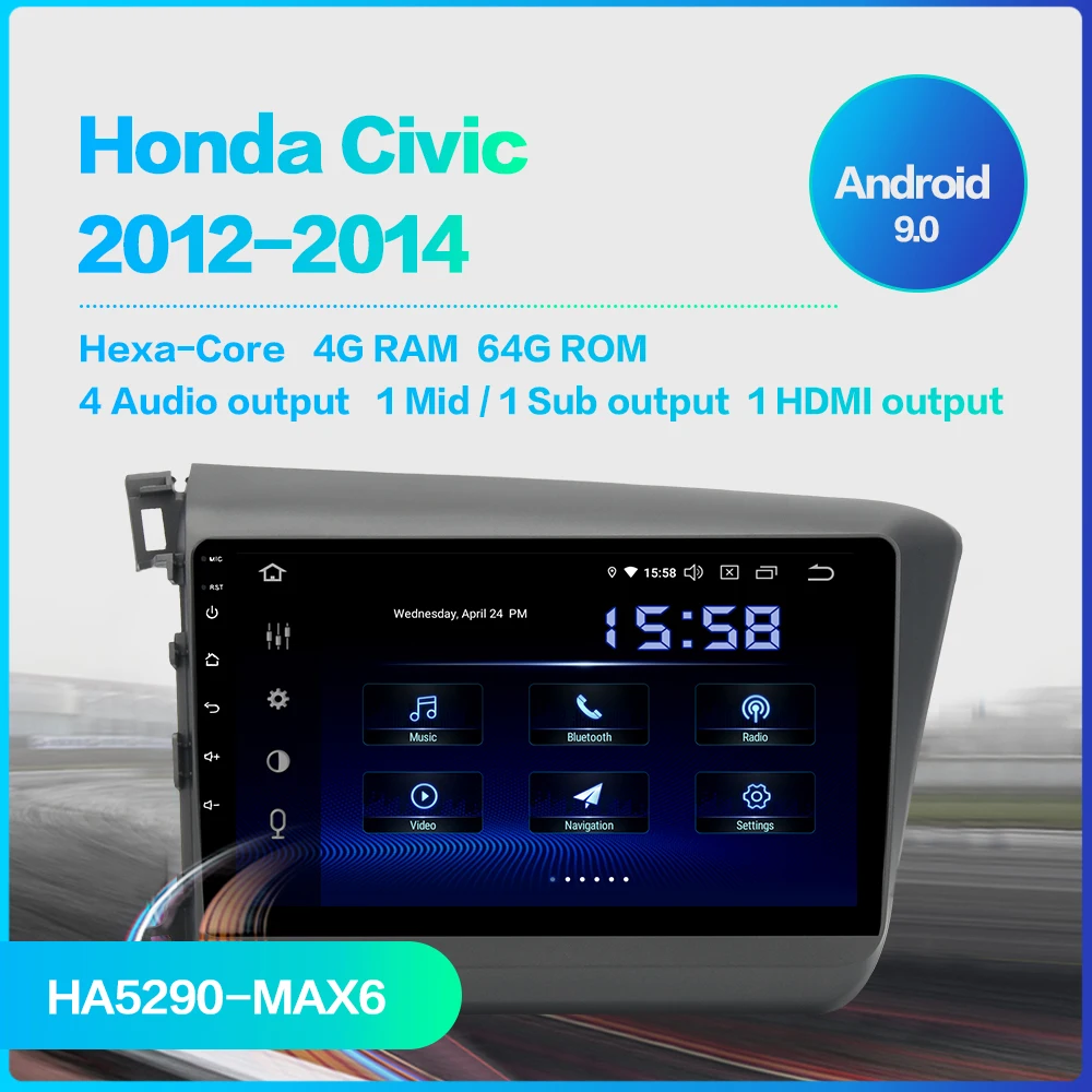 " Автомобильный мультимедиа 1 Din Android 9,0 для Honda Civic радио 2012 2013 навигация gps Авторадио HDMI MP3 64 Гб rom