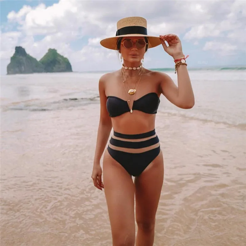 

Women Sexy Solid V Cut High Waist Bandeau Bikini Swimsuit Set