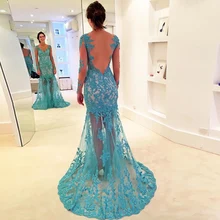 Meerjungfrau V-ausschnitt Appliques Türkis Lange Hülsen-abend-kleid 2017 vestido de festa Backless Lange Paty Kleid