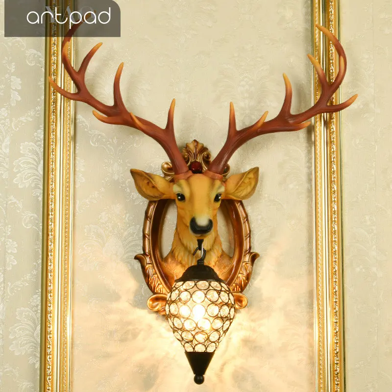  Artpad American Vintage Bedroom Living Room Wall Lamp With Crystal Lampshade Antler Horn Deer Wall  - 32963622256