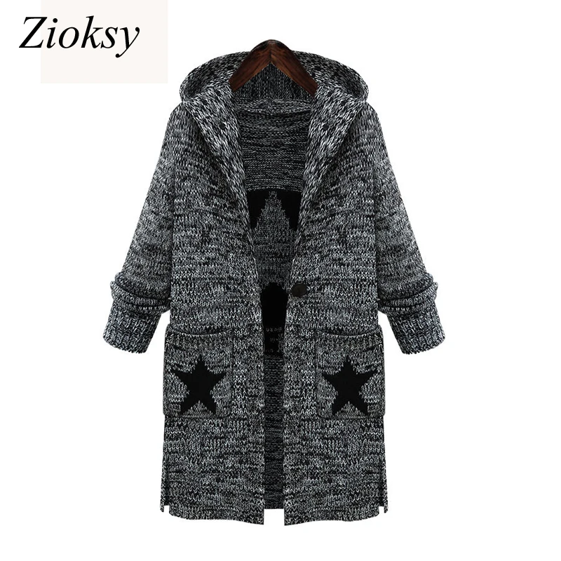 

2017 Autumn Winter Women Fashion Hooded Collar Knit Sweater Retro Pockets Long Sleeve Long Cardigan Sweater Coat