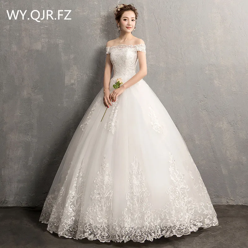 

HMHS-Y790#Boat Neck Bride's wedding dress White Ball Gown lace up long wholesale cheap women clothing party prom marry dresses