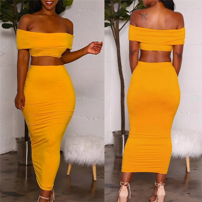 Casual 2 Two Piece Set Women Sexy Solid Strapless Short Layered Tank Sheath Bodycon Party Skirt Set Beachwear Women Set 3D07 (2)