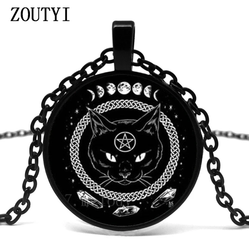 

2018 / hot sale, fashion black cat pentagram round glass pendant necklace, men and women clothing pendant necklace