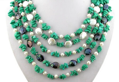 

huij 003012 5row white black freshwater coin round pearl turquoise necklace magnet