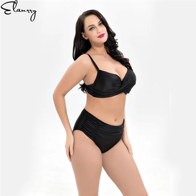 Women Plus Size Bikini Set High Waisted Sexy Solid Swimsuit Push Up Big Chest Swimwear Ladies Summer Bathing Suit 2018 Mujer