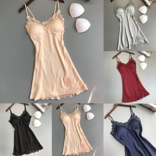

Sexy Ladies Push Up Lingerie Sleepwear Solid Women Silk Stain Nightdress Hot Design Sleeveless Padded Lace Floral Sleepshirt New