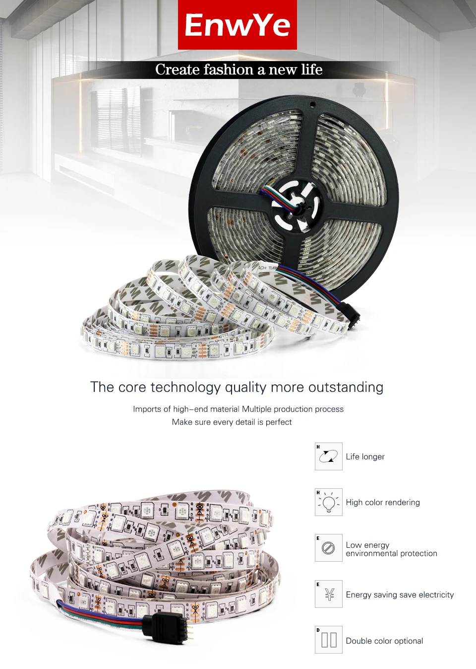 EnwYe 5M 300Leds waterproof RGB Led Strip Light 3528 5050 DC12V 60LedsM Fiexble Light Led Ribbon Tape Home Decoration Lamp_01