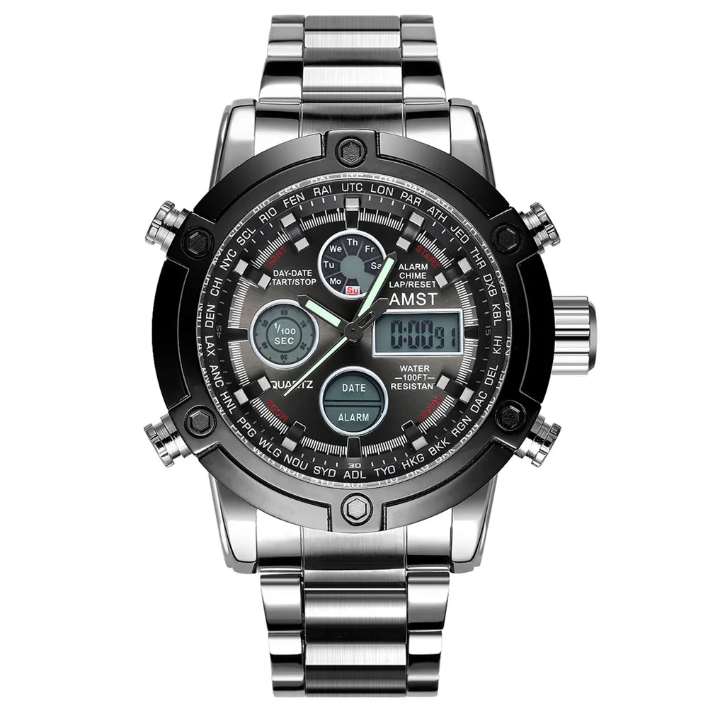 silver black dial Мужские модные спортивные военные наручные часы новые AMST часы мужские люксовый бренд 5ATM 50 м светодиодный цифровой аналоговый кварцевые часы - Цвет: silver black dial