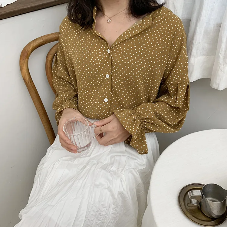 

2019 Spring Flare Sleeve Women Print Chiffon Shirt Tops Yellow Fashion Thin Loose Street Shirts Long Sleeve