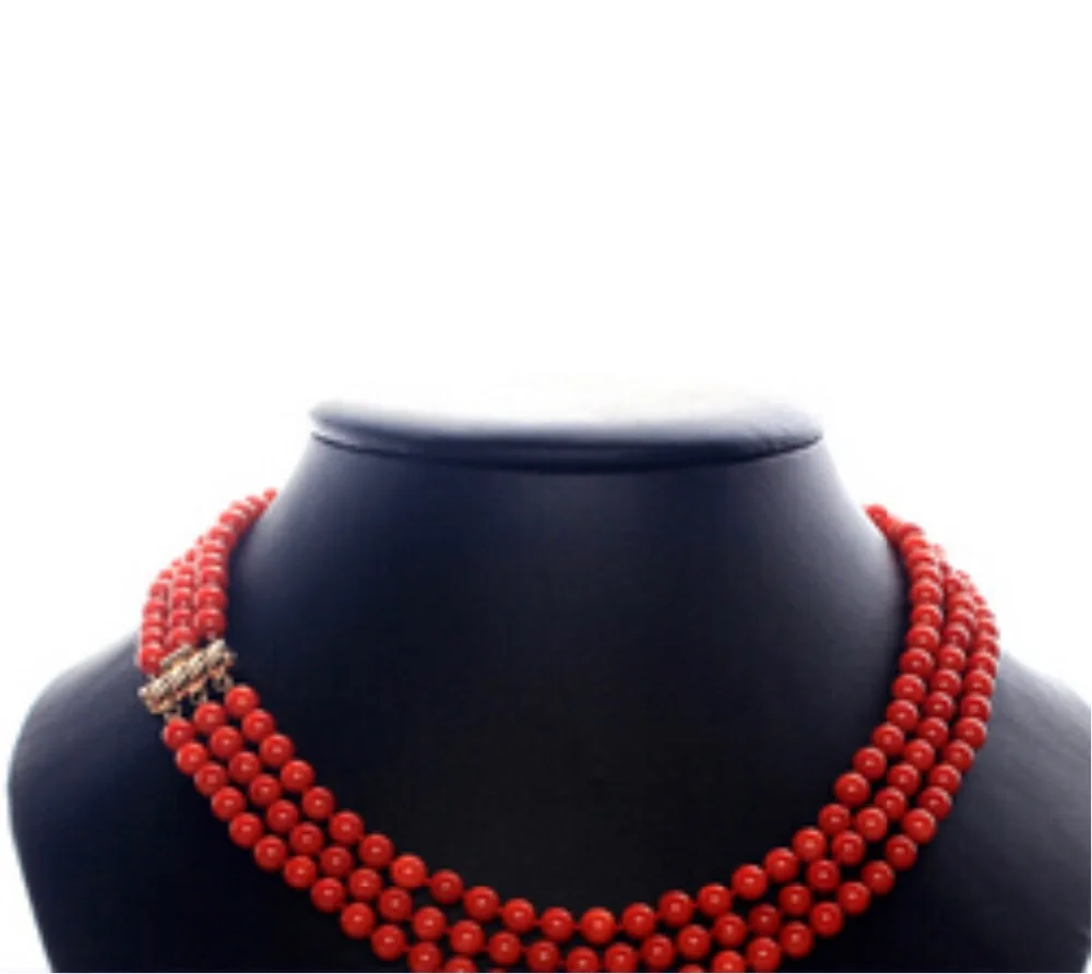

Beautiful 17" 3 Strands 6mm Round Red Coral Necklace