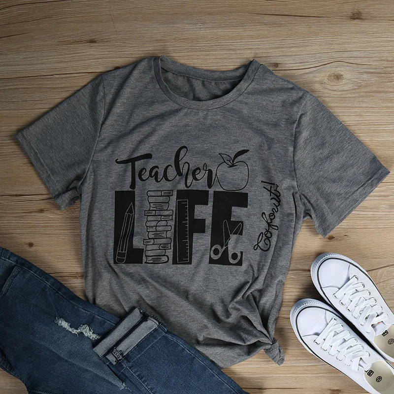 

Pattern Polyester Summer Male T-Shirt Simple Female Refreshing Short Knitting Generous Teacher Letter