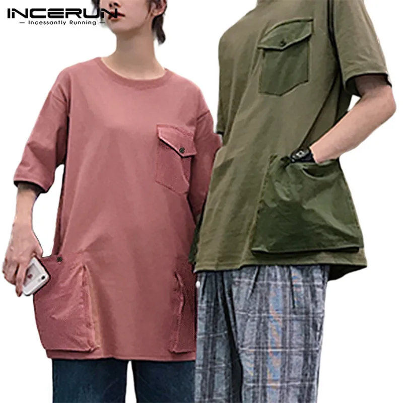 Летняя мужская футболка с карманами, одноцветные повседневные футболки с коротким рукавом, Мужская Уличная одежда, Camisetas Hombre, свободные футболки для пары INCERUN 5XL