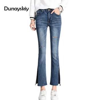 

High Wasit Skinny Fashion Hole Jeans Woman New Office Ladies Flare Pants Plus Size Solid Denim Vintage Pant Women's Clothing 31