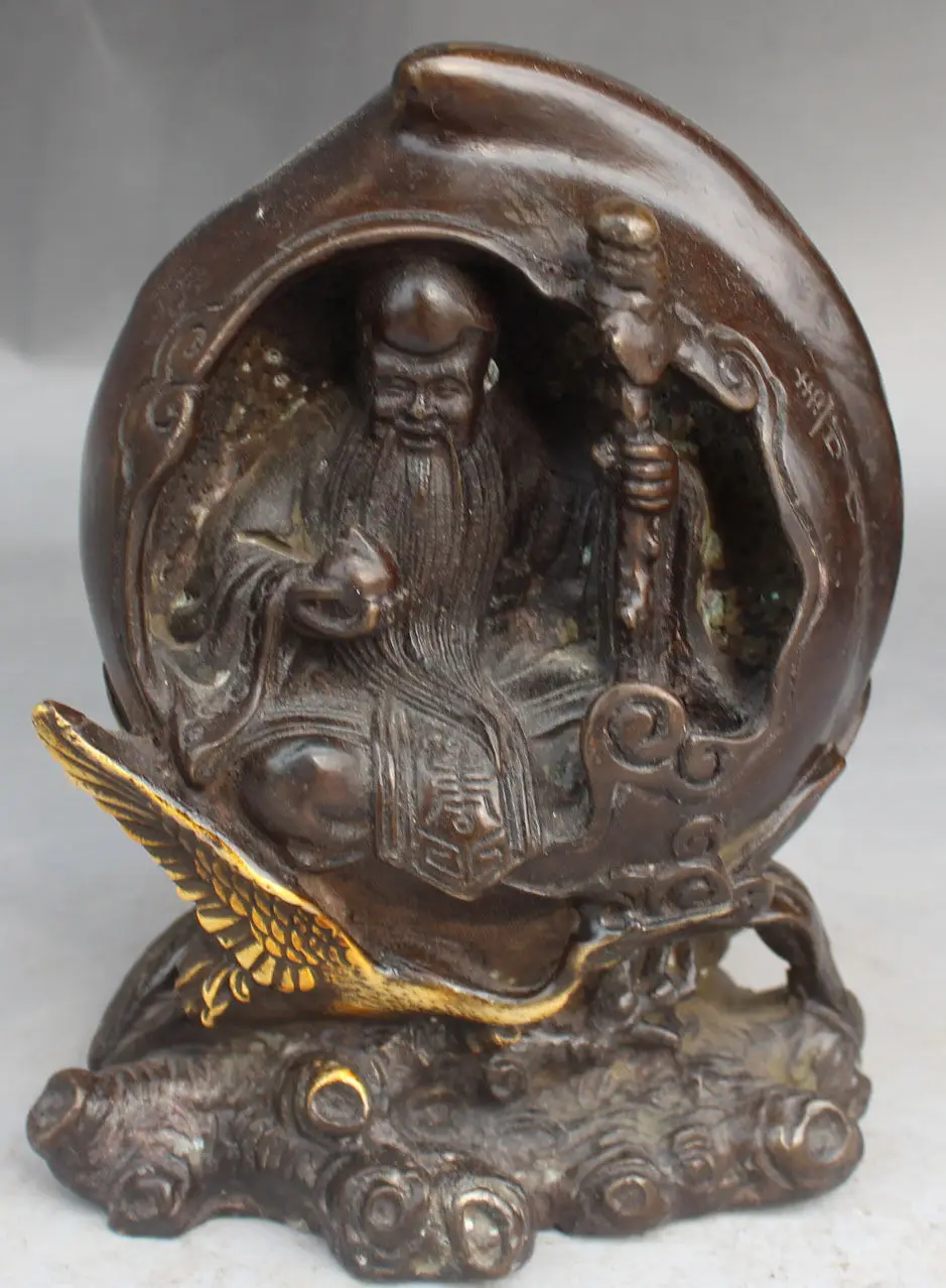 

16CM Chinese Feng shui Bronze Gilt Longevity God Shouxing Peach Crane Statue