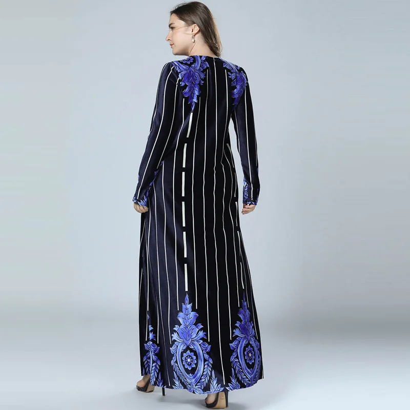 2018 плюс размеры для женщин зимние Бархатные макси платья в цветочную полоску с длинным рукавом мусульманское платье Дубай Абая черн