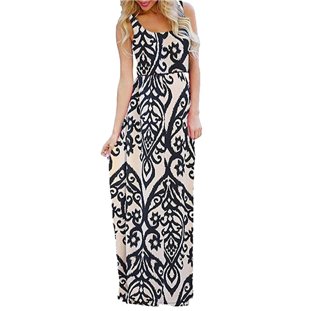 

Women Print Boho Summer High Waist Sleeveless Maxi Long Party Beach Sundress plus size Summer maxi Dresses C3058