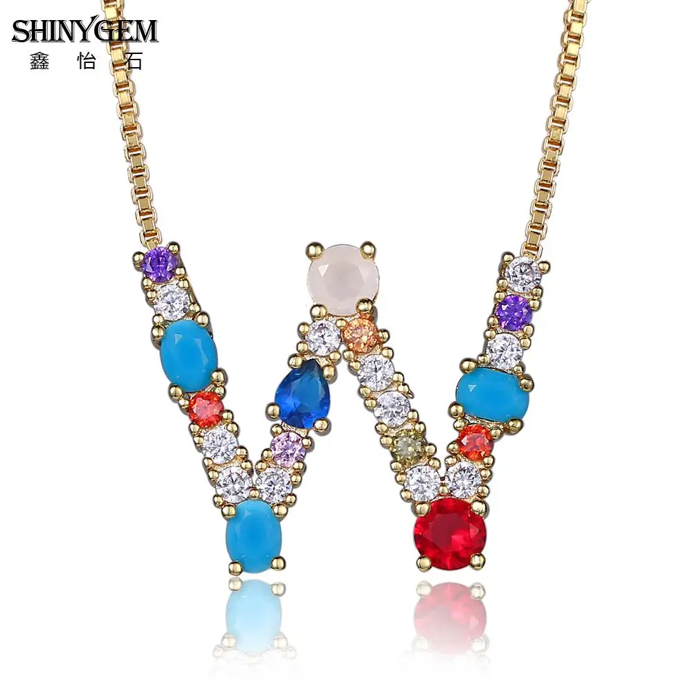 

ShinyGem Rainbow 26 Letter Necklace Bohemian CZ Crystal Stone Necklace Personalize Golden A-Z Letter Pendant Necklaces For Women