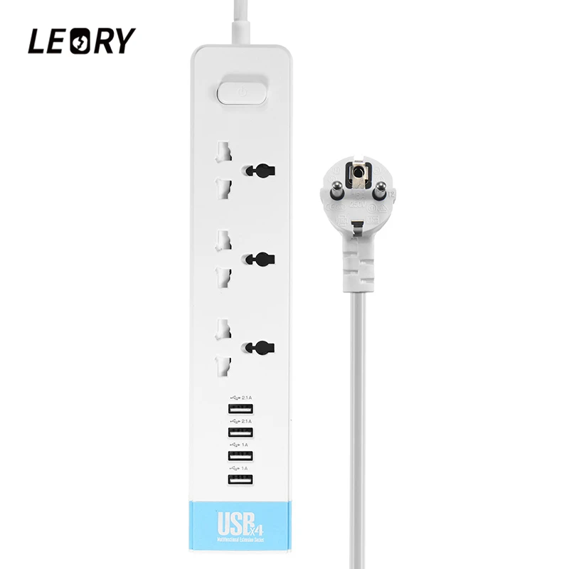 

LEORY Universal USB Power Strip 10A 2500W 3 AC Sockets Outlets 4 USB Port 5V 2.1A Fast Charging Extension Socket Travel Adapter